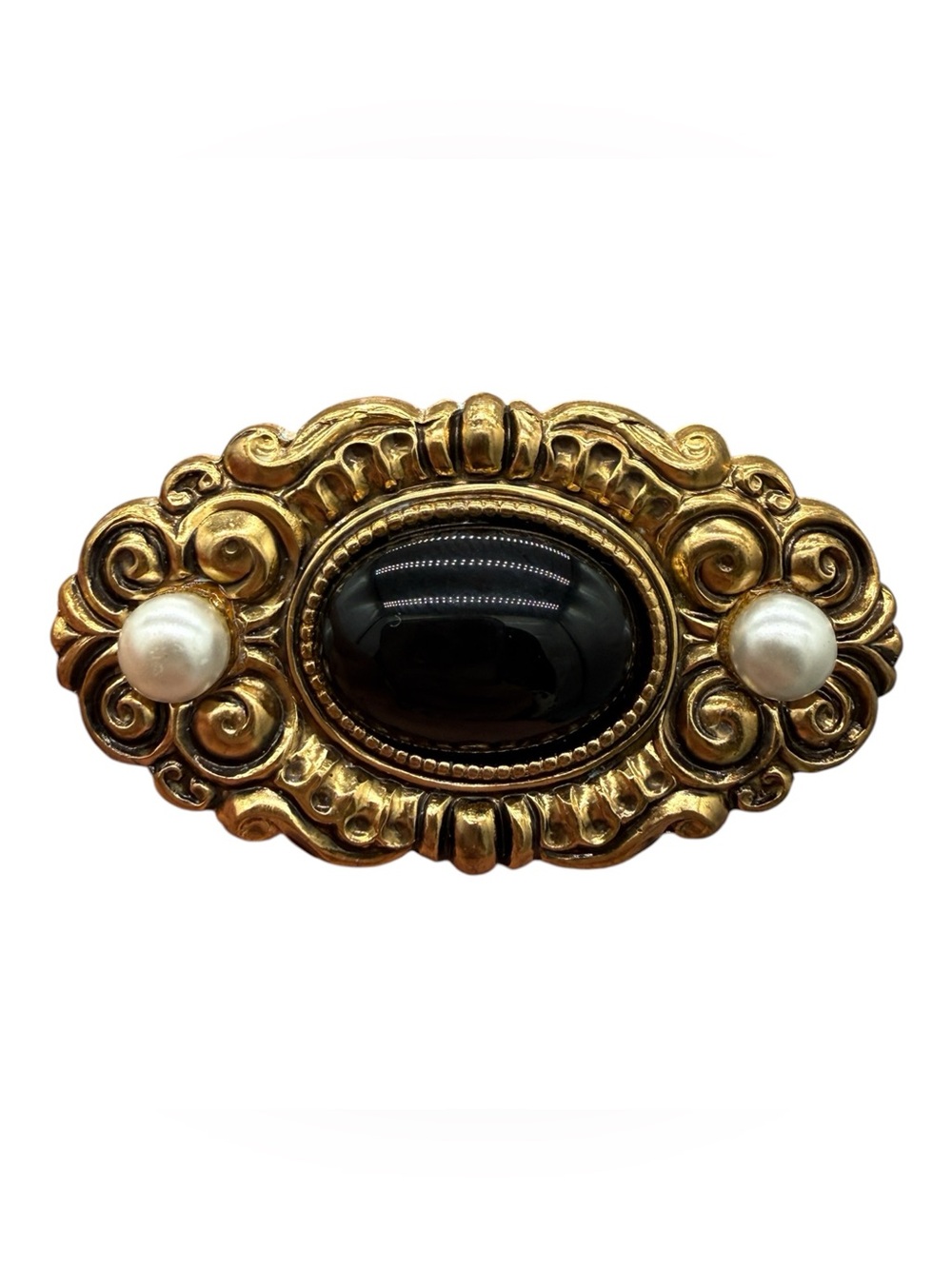 Vintage Gold-Tone Brooch by Vintage with Black Cabochon and Pearl Accents - Picture 6 of 6